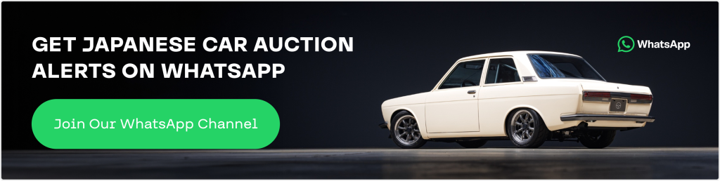 Japanese car auction alerts WhatsApp banner featuring classic Japanese coupe