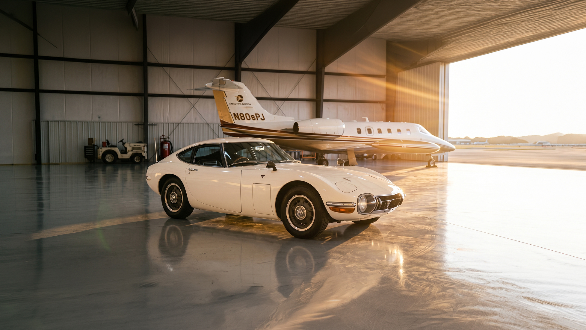 Classic white Toyota 2000GT parked inside an aircraft hangar beside a private jet