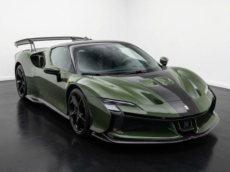 Green Ferrari SF90 XX Spider with carbon fibre details and rear wing