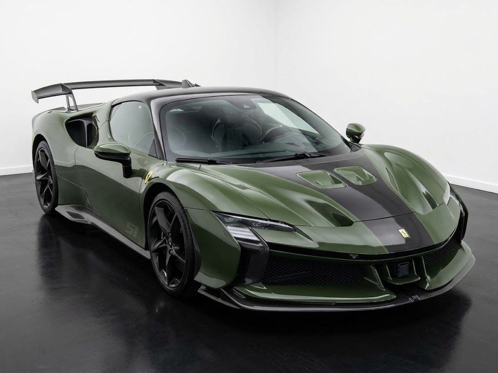 Green Ferrari SF90 XX Spider with carbon fibre details and rear wing