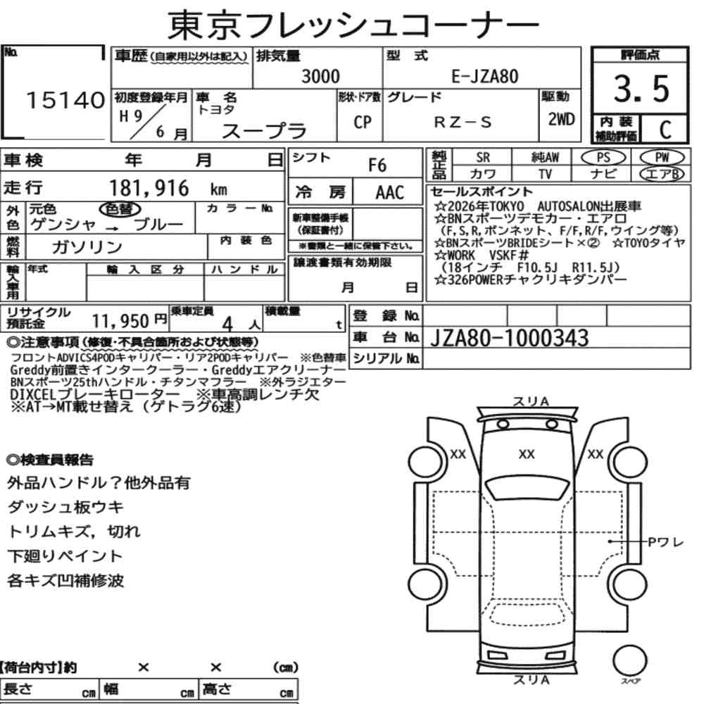 Toyota Supra RZ-S Auction Sheet Translation